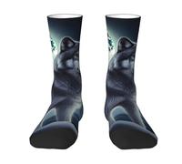 RLDOBOFE Chaussettes pour adulte Motif loup sous la lune Chaussettes décontractées mi-mollet Chaussettes contrastées pour homme et femme, blanc, taille unique