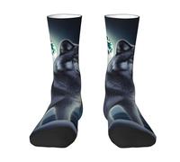 RLDOBOFE Chaussettes pour adulte Motif loup sous la lune Chaussettes décontractées mi-mollet Chaussettes contrastées pour homme et femme, 2 Noir-2, taille unique