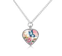 RLDOBOFE Collier pour cendres d'animaux de compagnie, fleurs roses et papillons bleus, cadeau commémoratif personnalisé pour chien/chat, pendentif urne en forme de cœur, collier pour les amoureux des