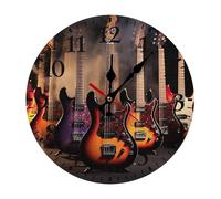 RLDOBOFE Horloge murale en forme de guitare électrique cool pour la maison, horloge silencieuse à piles pour bureau, horloges murales rondes à la mode noires avec chiffres arabes pour cuisine, salon