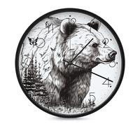 RLDOBOFE Horloge murale ronde en forme d'ours sauvage, 25,4 cm, silencieuse, sans tic-tac, fonctionne à piles, analogique, classique, décoration d'intérieur pour bureau, chambre, cuisine, salon (noir)