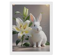 RLDOBOFE Kit de peinture diamant 5D pour adultes - Lapin blanc et lys - Kit d'art diamant rond 5D pour débutants - Peinture à pois - Décoration murale - Cadeau - 40,6 x 50,8 cm