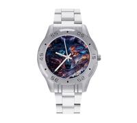 RLDOBOFE Montre-bracelet unisexe en acier inoxydable avec grand cadran | Montre analogique décontractée pour homme, facile à lire, motif loup étoilé, argent, cadeau d'anniversaire