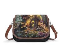 RLDOBOFE Petit sac à bandoulière en cuir végétalien avec sangle réglable - Motif maison de conte de fées - Léger - Petit sac à main de voyage