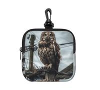 RLDOBOFE Petite pochette en néoprène, mini trousse de maquillage portable avec mousqueton porte-clés étanche, sac de rangement pour pièces de monnaie, sac de rangement chouette sur poteau téléphonique
