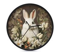 RLDOBOFE Round A Beautiful White Rabbit Horloge murale analogique moderne à piles silencieuse sans tic-tac, horloge murale décorative facile à lire pour la maison, la cuisine, le bureau, la chambre à