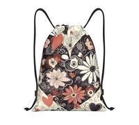 RLDOBOFE Sac à dos à cordon de serrage pliable avec cordon de serrage - Motif cœurs de fleurs - Pour voyage, Noir/blanc, M