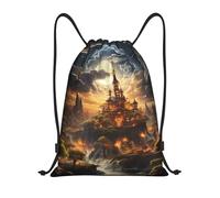 RLDOBOFE Sac à dos à cordon de serrage pliable avec cordon de serrage pour voyage Motif château clair de lune, Noir/blanc, M