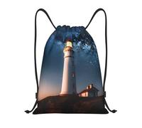 RLDOBOFE Sac à dos à cordon de serrage pliable avec cordon de serrage pour voyage Motif phare sous les étoiles, Noir/blanc, S
