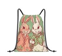 RLDOBOFE Sac à dos avec cordon de serrage et cordon de serrage Motif roses et rayures rouges, Deux lapins fleurs, taille unique