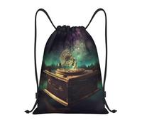 RLDOBOFE Sac à dos avec cordon de serrage, sac à dos pliable avec cordon de serrage, boîte à musique de rêve, sacs à cordon de serrage pour voyage, Noir/blanc, M