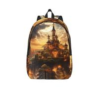 RLDOBOFE Sac à dos léger et décontracté en toile pour ordinateur portable Motif château au clair de lune, Noir/blanc, S