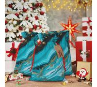 RLDOBOFE Sacs cadeaux de Noël avec cordon de serrage bleu turquoise doré marbré sac cadeau de Noël sac cadeau de Noël sac à cordon de serrage pour Halloween, Noël, sacs cadeaux de Noël réutilisables