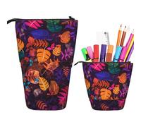 RLDOBOFE Trousse à crayons avec imprimé feuilles et fleurs colorées - Rétractable - Organiseur pour stylos - Sac de rangement pour le bureau - Cadeau de vacances - Noir - Taille unique - Noir - Taille