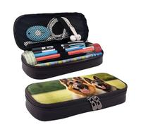 RLDOBOFE Trousse à crayons en cuir de grande capacité avec compartiments, double fermeture éclair, berger allemand, organisateur pour homme et femme, porte-crayons pour bureau, travail, cadeau, Noir ,