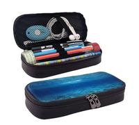 RLDOBOFE Trousse à crayons en cuir de grande capacité avec compartiments, double fermeture éclair, bleu océan, mer, boîte à crayons pour homme et femme, cadeau de bureau, noir, 1