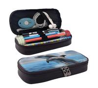 RLDOBOFE Trousse à crayons en cuir de grande capacité avec compartiments, double fermeture éclair, deux dauphins, boîte à crayons pour homme et femme, cadeau de bureau, noir, 1, Noir , Taille unique