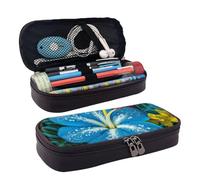 RLDOBOFE Trousse à crayons en cuir de grande capacité avec compartiments - Double fermeture éclair - Fleur hawaïenne bleue - Organiseur pour homme et femme - Cadeau de bureau - Noir, Noir , Taille