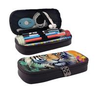 RLDOBOFE Trousse à crayons en cuir de grande capacité avec compartiments, double fermeture éclair, image de tigre tourbillon de couleur, organisateur pour homme et femme, porte-crayons pour bureau,