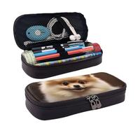 RLDOBOFE Trousse à crayons en cuir de grande capacité avec compartiments, double fermeture éclair, joli chien de Poméranie, organiseur pour homme et femme, cadeau de bureau, noir, Noir , Taille unique