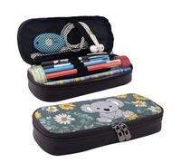 RLDOBOFE Trousse à crayons en cuir de grande capacité avec compartiments, double fermeture éclair, koala et marguerite, organiseur pour homme et femme, cadeau de bureau, noir, 1