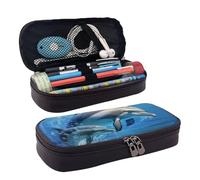 RLDOBOFE Trousse à crayons en cuir de grande capacité avec compartiments Double fermeture éclair Motif dauphin dans la mer Boîte à crayons pour homme et femme Cadeau de travail Noir, Noir , Taille