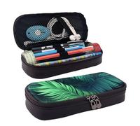 RLDOBOFE Trousse à crayons en cuir de grande capacité avec compartiments - Double fermeture éclair - Motif feuilles de palmier tropicales - Organiseur pour homme et femme - Cadeau de bureau - Noir,