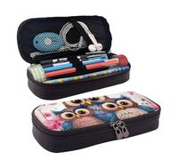 RLDOBOFE Trousse à crayons en cuir de grande capacité avec compartiments - Double fermeture éclair - Motif hiboux mignons - Pour homme et femme - Cadeau de bureau - Noir - Taille unique, Noir , Taille