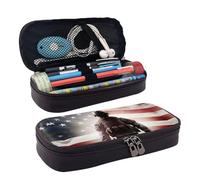 RLDOBOFE Trousse à crayons en cuir de grande capacité avec compartiments, double fermeture éclair, motif drapeau américain, soldat, boîte à crayons pour homme et femme, cadeau de travail