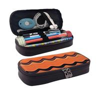RLDOBOFE Trousse à crayons en cuir de grande capacité avec compartiments - Double fermeture éclair - Rayures ondulées orange - Organiseur pour homme et femme - Cadeau de bureau - Noir, Noir , Taille