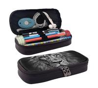 RLDOBOFE Trousse à crayons en cuir de grande capacité avec compartiments, double fermeture éclair, tête de lion noire et blanche, organisateur pour homme et femme, porte-crayons pour bureau, travail,