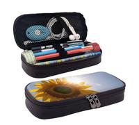 RLDOBOFE Trousse à crayons en cuir de grande capacité avec compartiments - Double fermeture éclair - Tournesols - Fleurs jaunes - Organiseur pour homme et femme - Cadeau de bureau, Noir , Taille