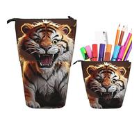 RLDOBOFE Trousse à crayons rétractable avec imprimé tigre de dessin animé - Organiseur pour stylos - Sac de rangement pour le bureau - Cadeau de vacances - Noir - Taille unique