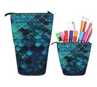 RLDOBOFE Trousse à crayons rétractable avec motif écailles de poisson bleu - Organiseur pour stylos - Sac de rangement pour le bureau ou les vacances