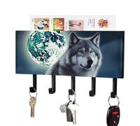 RLDOBOFE Wolf Under Moon Porte-clés mural adhésif noir avec 5 crochets, sans perçage, organiseur de porte-clés pour salon, porte d'entrée, couloir, bureau