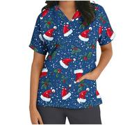 RLEHJN Blouse De Noël Femme Chemise De Noel Moche Col en V Tunique Femme À Manches Courtes Tenue Aide Soignante Uniforme De Noël pour Les Aidants Hauts Extensibles Anti-Plis avec Poches