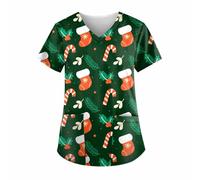RLEHJN Blouse Medicale De Noël pour Femmes Manches Courtes Haut De Noël avec Imprimé Neige Col en V Uniforme pour Infirmières avec Plusieurs Poches Blouse Uniforme Médecine Haut De Noel Femme
