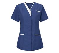 RLEHJN Blouse Medicale Femme Manche Courte Col en V Blouse De Travail Femme Infirmiere Professionnelle Uniforme D'infirmière Veterinaire Blouse Uniforme De Travail Femme Blouse avec Deux Poches 1