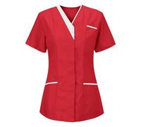 RLEHJN Blouse Medicale Femme Manches Courtes Col en V Bouton Blouse Medicale Femme Uniforme De Travail Tenue Infirmiere Professionnelle Blouse Pharmacie Coiffeur Vêtements De Travail Et Uniformes