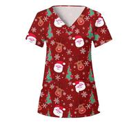 RLEHJN Blouse Medicale Noël Femme Chemise Femme Manches Courtes Tunique Lâche Haut T-Shirt Col en V Tenue Infirmiere Blouse De Travail Imprimé De Noël pour Femmes Pullover Acec Poches