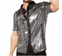 RLEHJN Chemise À Paillettes Style Disco Homme Manche Courte T-Shirts Homme Revers Brillant Paillettes des Années 70 Tee Shirt Homme Costume Hippy Fête Brillante Clubwear Top Homme Chic Et Élégant