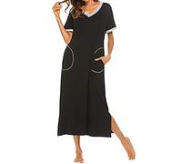 RLEHJN Chemise De Nuit Pour Femme À Manches Courtes Robe De Nuit Longue Robes D'Été Avec Poches Vêtement De Nuisette D'Été Lounge Pyjama Robe De Plage Négligée Solide Couleur Loungewear Vente Flash