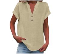 RLEHJN Chemise Femme Coton Lin Top À Manches Courtes en Coton Et Lin pour Femmes Col V Boutonné Top Henley Chemisier Couleur Uni Lâche Respirant T-Shirts Casual Tunique Blouse Vente Flash