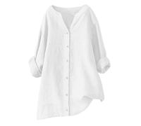 RLEHJN Chemise Lin Femme Chemisier Coton Et Lin pour Femmes Col en V Bouton Manches Longues Tops Couleur Unie Lâche Respirant T-Shirts Tunique Femme Longue Grande Taille Pas Cher 2025