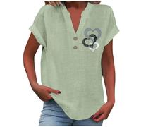 RLEHJN Chemisier Femme Chic Et Élé Chemise Femmes Lin T-Shirt Manches Courtes Col V Bouton Blouses Décontracté Imprimé Cœur T Shirts Couleur Unie Lâche Respirant Coton Lin Tunique Ventes Flash Du Jour