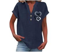 RLEHJN Chemisier Femme Chic Et Élé Chemise Femmes Lin T-Shirt Manches Courtes Col V Bouton Blouses Décontracté Imprimé Cœur T Shirts Couleur Unie Lâche Respirant Coton Lin Tunique Ventes Flash Du Jour