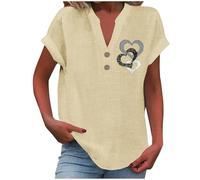 RLEHJN Chemisier Femme Chic Et Élé Chemise Femmes Lin T-Shirt Manches Courtes Col V Bouton Blouses Décontracté Imprimé Cœur T Shirts Couleur Unie Lâche Respirant Coton Lin Tunique Ventes Flash Du Jour
