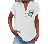 RLEHJN Chemisier Femme Chic Et Élé Chemise Femmes Lin T-Shirt Manches Courtes Col V Bouton Blouses Décontracté Imprimé Cœur T Shirts Couleur Unie Lâche Respirant Coton Lin Tunique Ventes Flash Du Jour