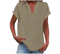 RLEHJN Chemisiers Et Blouses Femme Tunique en Coton Et Lin À Manches Courtes Et Col en V avec Boutons pour Femmes Chemise Oversize Couleur Unie Tee Shirt Femme Lin Ventes Flash du Jour Soldes De Ete
