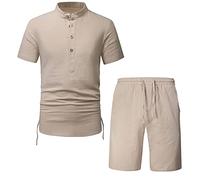 RLEHJN Ensemble 2 Pieces en Lin Homme Chemise Et Courte Survêtement Homme Ensemble Été Chemise Et Short Taille Elastique pour Sports Jogging Décontractée Tenue Pantalon Detente Homme Soldes